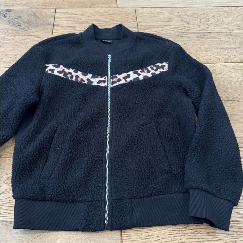 Zyia Active Womens Black Sherpa Fleece Leopard Print Chevron Bomber Jacket Small